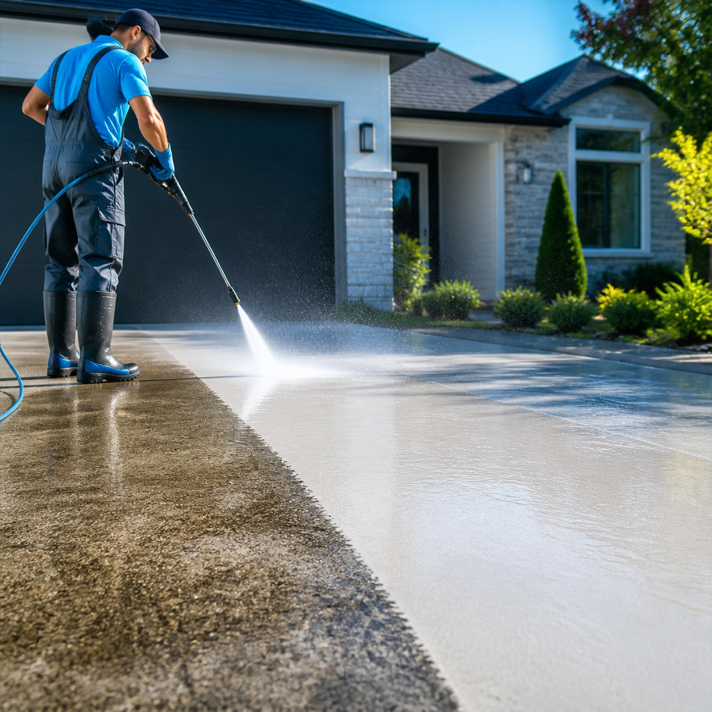 Pressure washer blasting grime off a driveway