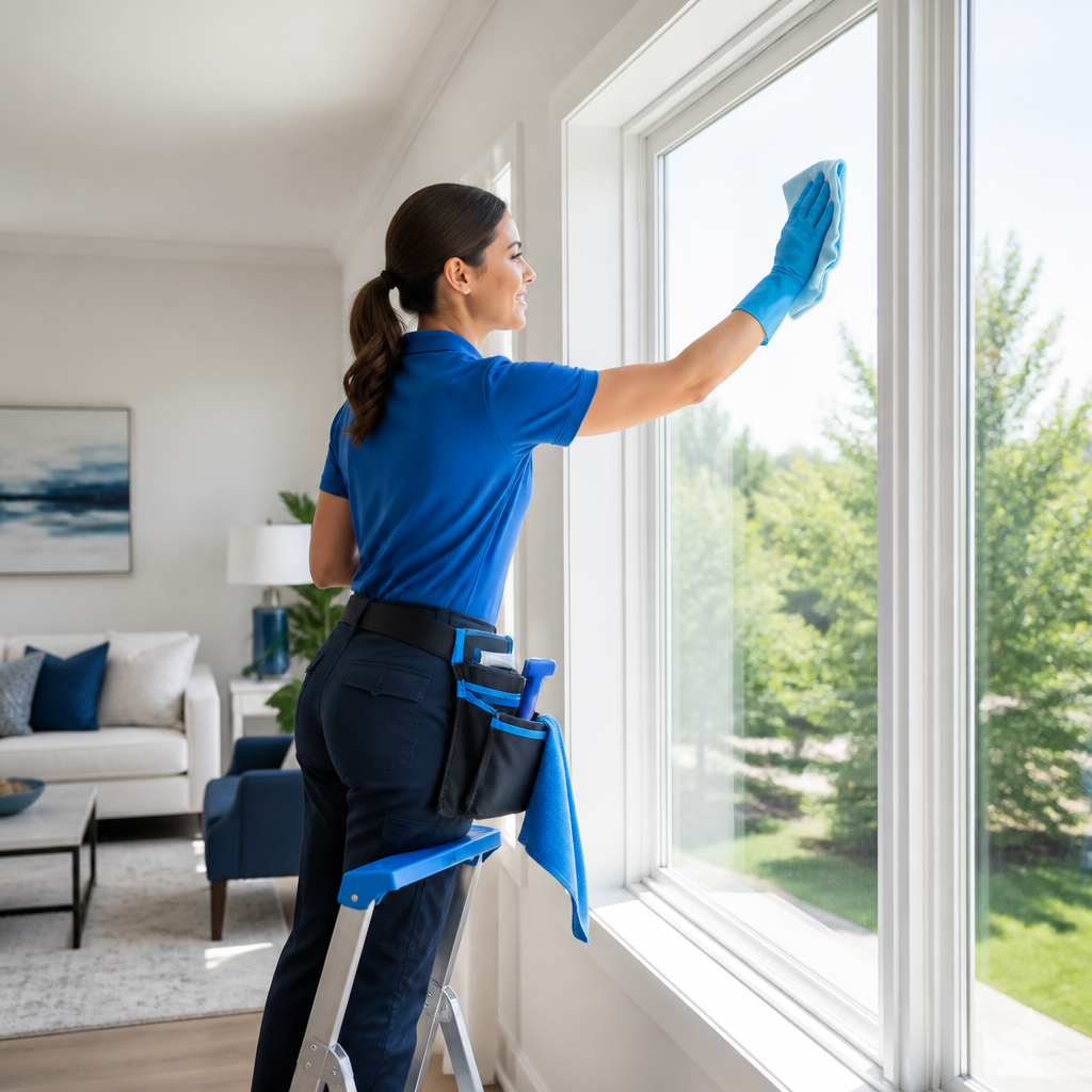 A professional cleaning a sparkling clear window